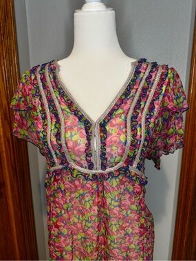 Vintage Nanette Lepore Pink Floral Sheer Dress with metallic detail